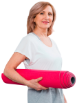 fitness bootcamp older woman with pink mat